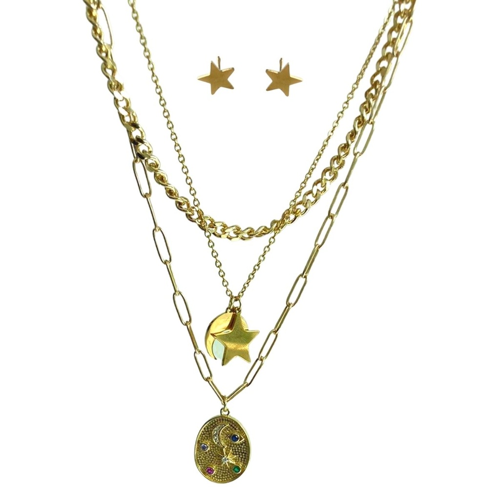 Collar Cadena Triple con Aretes Acero Inox 47cm Dorado