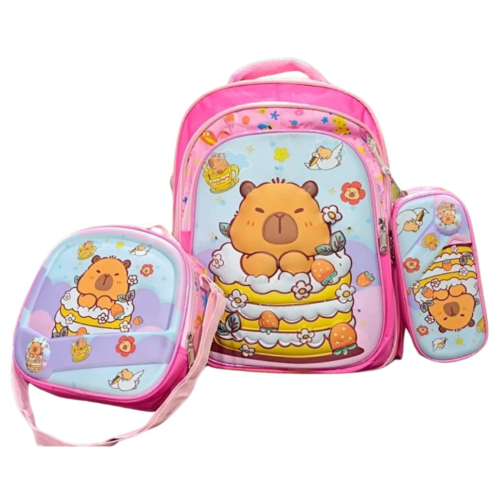 Mochila Infantil Triple con Diseño de Capibara 