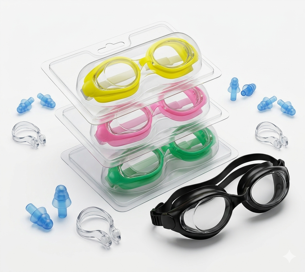 Googles de Natación + 2 Tapones Auditivos + 1 Pinza para Nariz  YJ-662