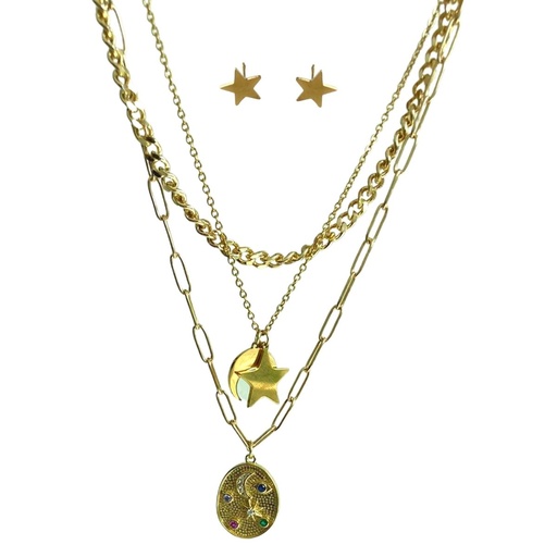 [YIWU0125] Collar Cadena Triple con Aretes Acero Inox 47cm Dorado